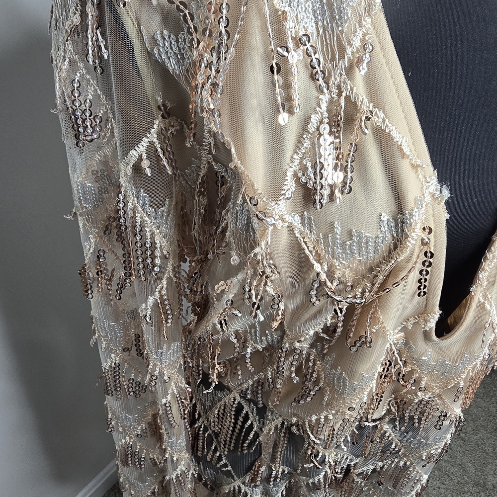 PrettyLittleThing Rose Gold Tassel Sequin Plunge Jumpsuit Sheer US 10 - Picture 3 of 8